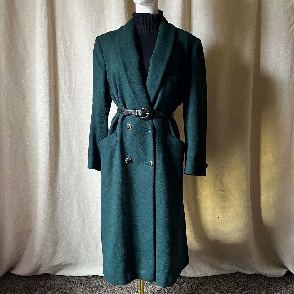 Herman Kay Petite Green Wool Coat Sz 8P Double Breasted Vintage 90s - Picture 2 of 9